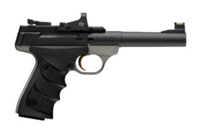 Browning Buck Mark Practical .22 LR 5.5 inch pistol with Crimson Trace red dot and gray aluminum frame