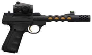 Browning Buck Mark Vision UFX .22 LR pistol with Vortex Crossfire red dot, black and gold threaded barrel