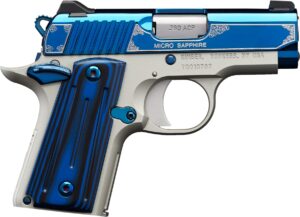 Kimber Micro Sapphire .380 ACP pistol with bright blue PVD slide and blue/black G-10 grips