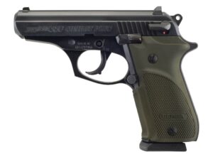 Bersa Thunder 380 Combat Plus pistol, matte black slide, olive green wrap-around grip, 3.5-inch barrel