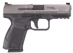 Canik TP9SF Elite 9mm Tungsten Gray pistol with serrated slide and black polymer frame