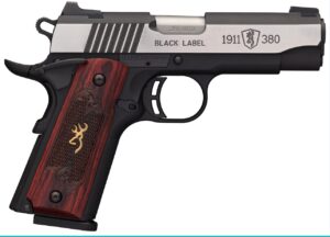 Browning 1911-380 Black Label Medallion Pro Compact pistol with rosewood grips and bi-tone finish