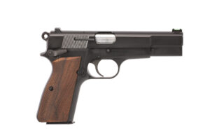 Inglis P-35 Hi-Power 9mm pistol black finish with wood grips and fiber-optic front sight