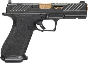 Shadow Systems DR920 Elite 9mm pistol, black polymer frame with bronze spiral-fluted barrel and optic-ready slide