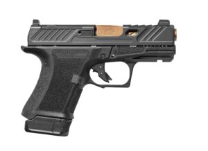 Shadow Systems CR920 Elite 9mm pistol with 3.41 in spiral-fluted bronze barrel and black polymer frame