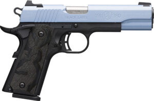 Browning 1911-380 Black Label pistol with polar blue slide and matte black polymer frame