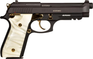 Taurus PT92 9mm 5-inch pistol black with gold accents and pearl grips