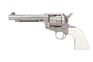 Taylors and Company Outlaw Leg .357 Magnum 5.5 inch nickel revolver with white PVC grips