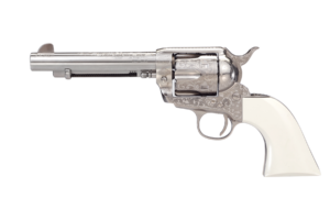 Taylors and Company 1873 Outlaw Legacy .45 Long Colt revolver nickel engraved with white PVC grip, 5.5 inch barrel