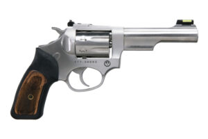 Ruger SP101 5765 .22 LR 4.2" satin stainless revolver with black rubber and wood-insert grip