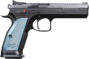 CZ TS2 9mm competition pistol with blue aluminum grips and fiber-optic front sight