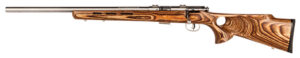 Savage 93R17 BTVLSS left-hand rifle with 21-inch heavy stainless barrel and thumbhole laminate stock