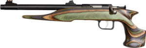 Chipmunk Hunter single-shot .22 LR pistol with camo laminate stock and blued threaded 10.5-inch barrel