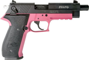 ATI GSG FireFly .22LR pink pistol with threaded barrel and adjustable rear sight