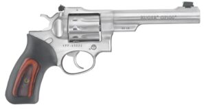 Ruger GP100 .22 LR satin stainless revolver with black rubber and hardwood insert grip