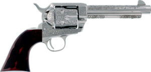 Cimarron Buffalo Bill Cody 5.5in .45 Long Colt engraved nickel revolver with walnut grips