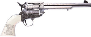 Cimarron Teddy Roosevelt Frontier .45 Long Colt 7.5" nickel-plated engraved revolver with laser-engraved T.R. grips