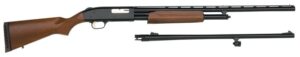 Mossberg 500 20 gauge pump shotgun combo with 26in vent rib and 24in rifled barrels, blued finish and hardwood stock