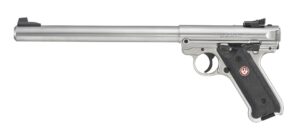 Ruger Mark IV Target .22 LR 10-inch Satin Stainless pistol with checkered black grip