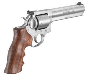 Ruger GP100 6-inch stainless revolver with Hogue walnut finger-groove grips