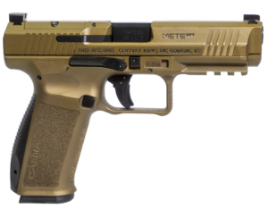 Canik METE SFT 9mm Burnt Bronze pistol right-side view with accessories
