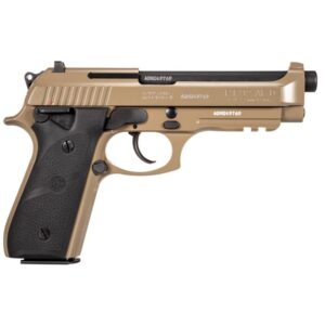 Taurus PT92 9mm FDE Cerakote pistol with black Hogue grips and 5-inch barrel
