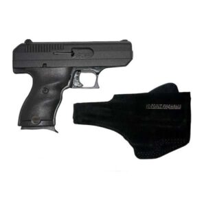 Hi-Point 916G C9 9mm pistol with 3.5 inch barrel, black polymer frame, shown with Galco leather holster