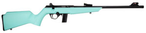 Rossi RB22 Compact .22 LR bolt-action rifle in cyan and black with synthetic Monte Carlo stock