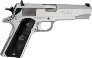 Iver Johnson 1911A1 .38 Super 5-inch chrome pistol with black pearl synthetic grips
