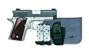 Kimber Micro 9 RTC Two-Tone 9mm pistol with rosewood grips and DeSantis holster