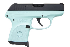 Ruger LCP-TG .380 ACP turquoise Cerakote pistol with 2.75 inch barrel and blued slide