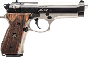 Derya Melik 9mm pistol with silver anodized frame, black Melonite slide, and dark walnut grips