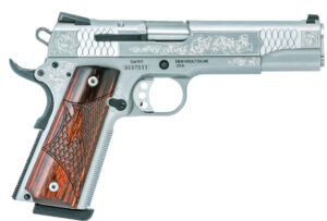 Smith & Wesson SW1911 10270 engraved stainless 5-inch .45 ACP with wood laminate grips and presentation case