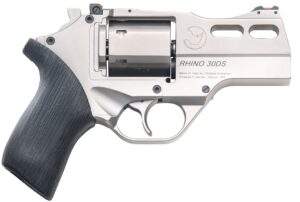 Chiappa Rhino 30 SAR revolver in nickel finish with 3 inch barrel and black rubber grip