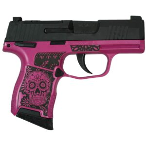 Sig Sauer P365 Sugar Skull Medusa pink frame optic-ready pistol right view