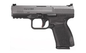 Canik TP9SF Elite 9mm pistol, tungsten Cerakote slide, black polymer frame, Warren fiber-optic sights
