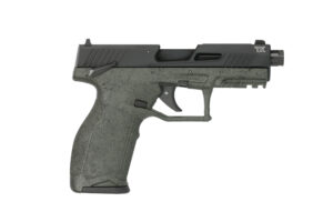 Taurus TX22 Gen2 .22 LR pistol in ODG splatter with threaded barrel and two magazines