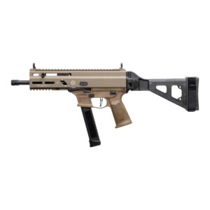 Grand Power Stribog SP9A3G 9mm pistol in Flat Dark Earth with 8-inch threaded barrel and SBT folding brace
