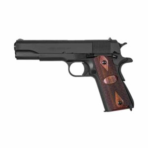 Auto-Ordnance 1911A1 .45 ACP 5 inch matte black pistol with checkered wood grips and U.S. logo