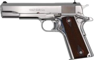 Colt 1911 Government .38 Super 5 inch Bright Stainless pistol with rosewood-style grips