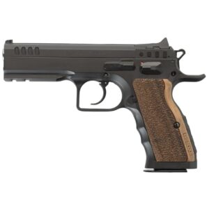 Tanfoglio IFG Defiant Stock I 9mm pistol in black finish with wood grips and Picatinny rail