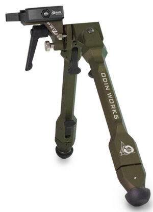ODIN WORKS PRIZM ARCA bipod in ranger green showing adjustable legs and ARCA clamp