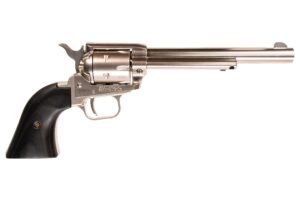Heritage Rough Rider RR22NI6BW .22 LR single-action revolver with nickel finish and black laminate grips
