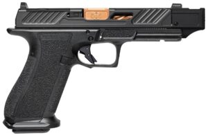 Shadow Systems DR920P Elite 9mm pistol with bronze spiral-fluted compensated barrel and black optic-ready slide