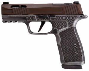 SIG Shark Coast Tactical X Debacle P365 XMacro with brown Cerakote slide and Zaffiri gold threaded barrel
