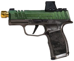 SIG Shark Coast Tactical Cypress Raptor P365X with Romeo-X red dot and Gun Candy Cerakote green slide on flat dark earth fram