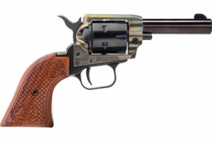 Heritage Barkeep .22 LR single-action revolver with scrolled wood grips and simulated case-hardened finish
