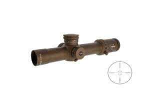 Trijicon Credo 1-8x28 scope in coyote brown showing 34mm tube and reticle adjustments