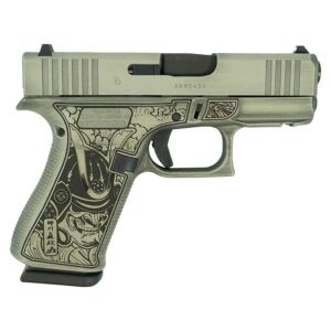 Glock 43x Custom 'Bushido Mask' battleworn slide sand 9mm right profile