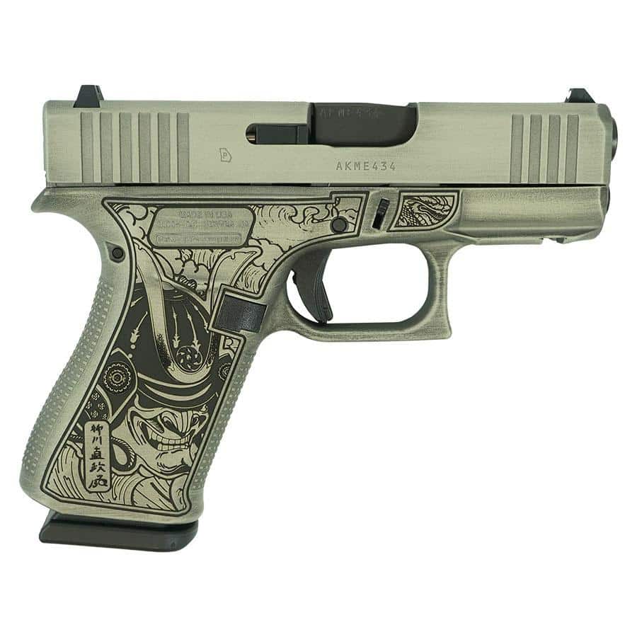 Glock 43x Custom 'Bushido Mask' battleworn slide sand 9mm right profile